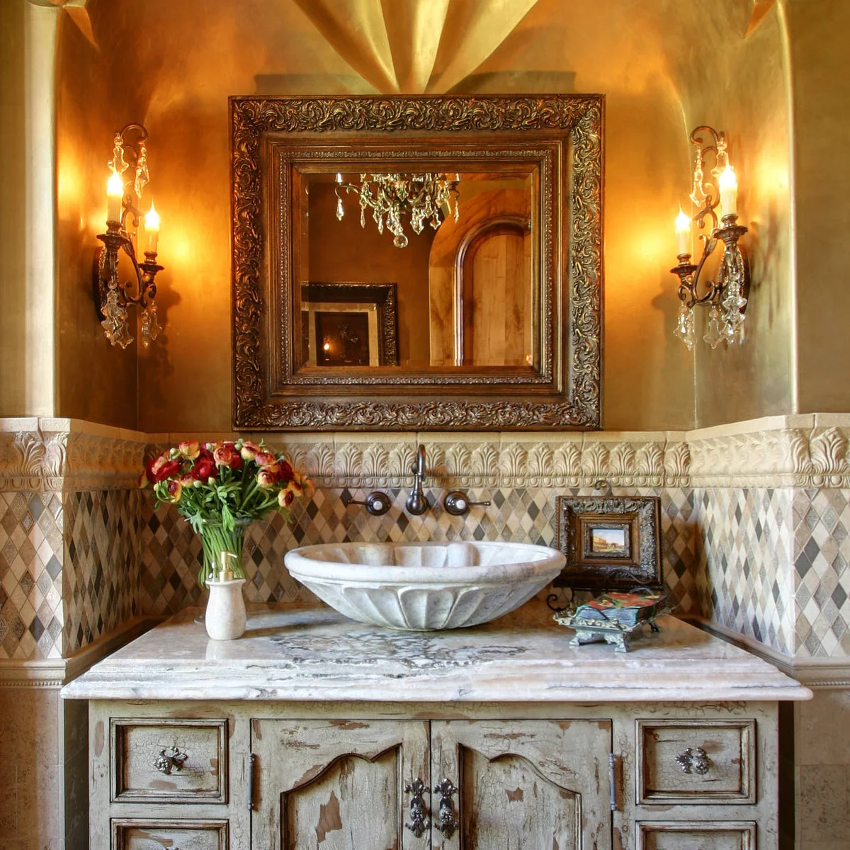 Warm bathroom vanity with small diamond tiles, decorative molding and a pale vessel basin