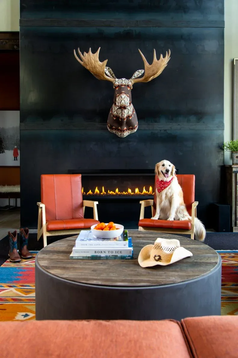 Dark fireplace wall with decorative antlered animal head, slim fire opening and orange chairs