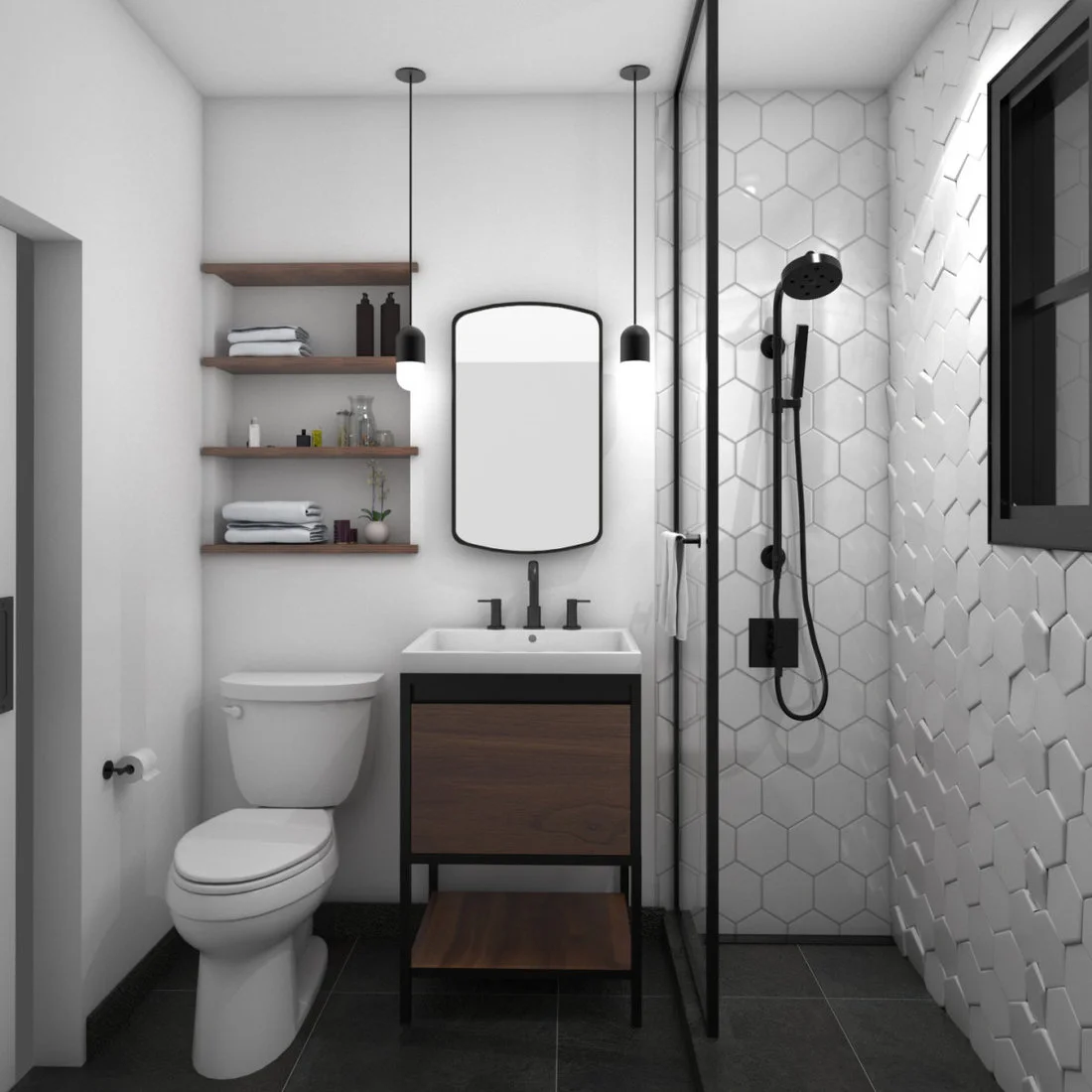 White hexagonal tiles line a compact shower beside dark fittings, a wood-fronted vanity and open wooden shelves