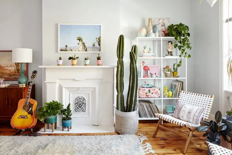 A white living room has an open square-grid shelf of plants, records and colorful objects beside a pale decorative fireplace, tall cactus and woven low chair.
