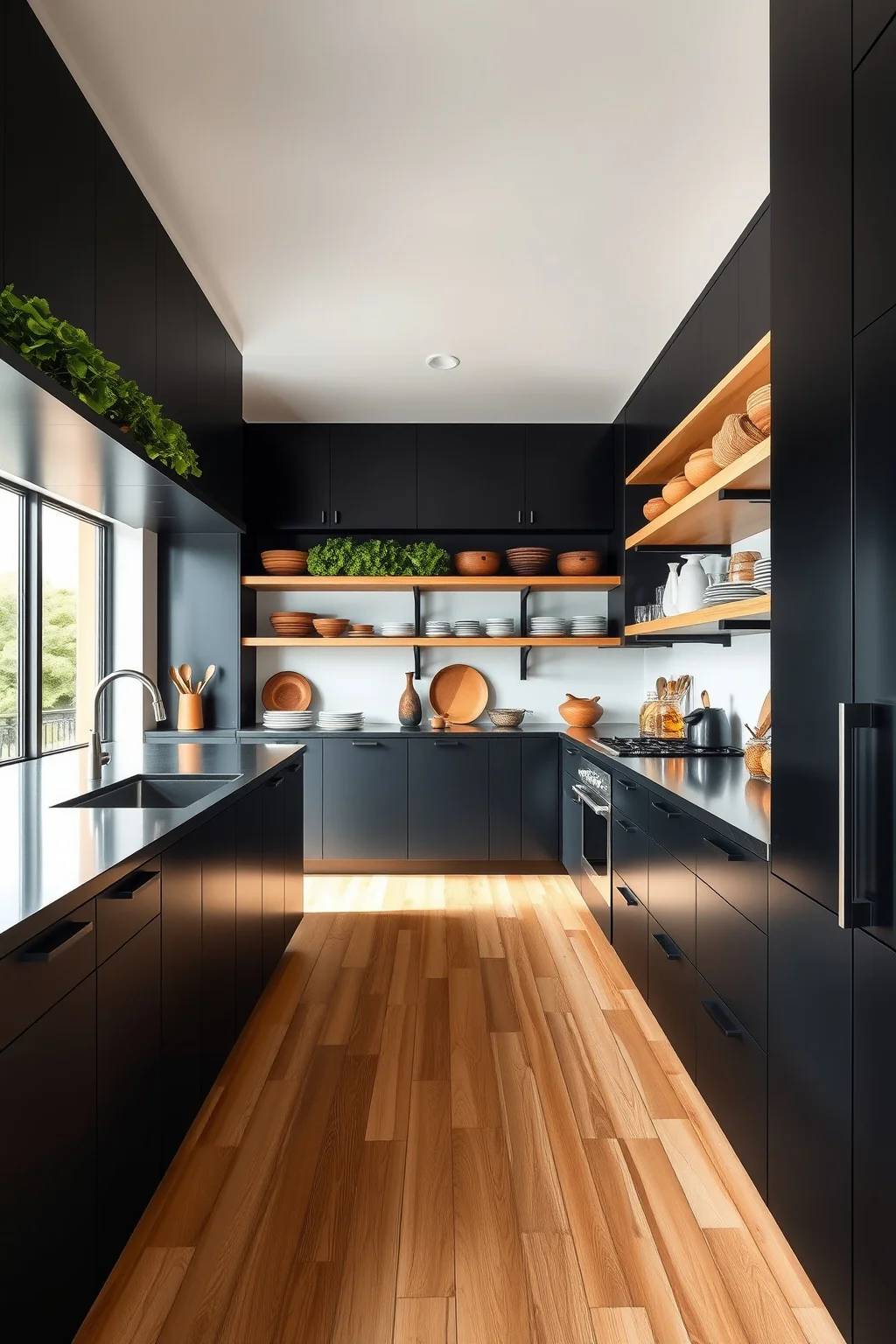 1. Black Cabinets with Wood Accents