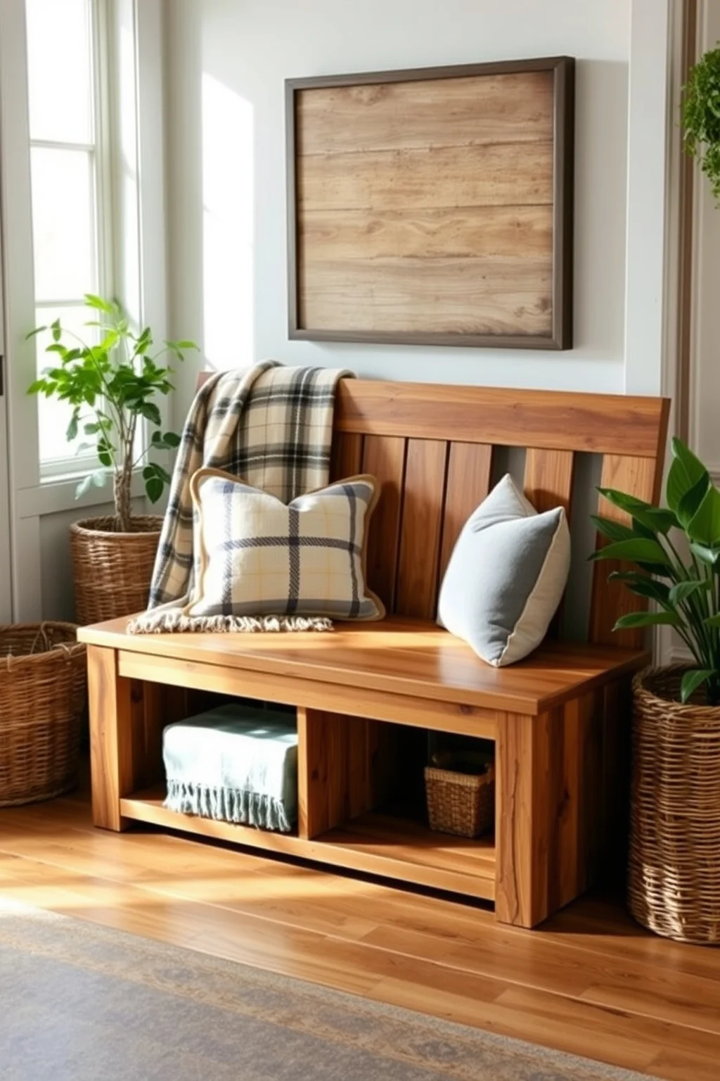 1. Rustic Wooden Bench with Open Shelving