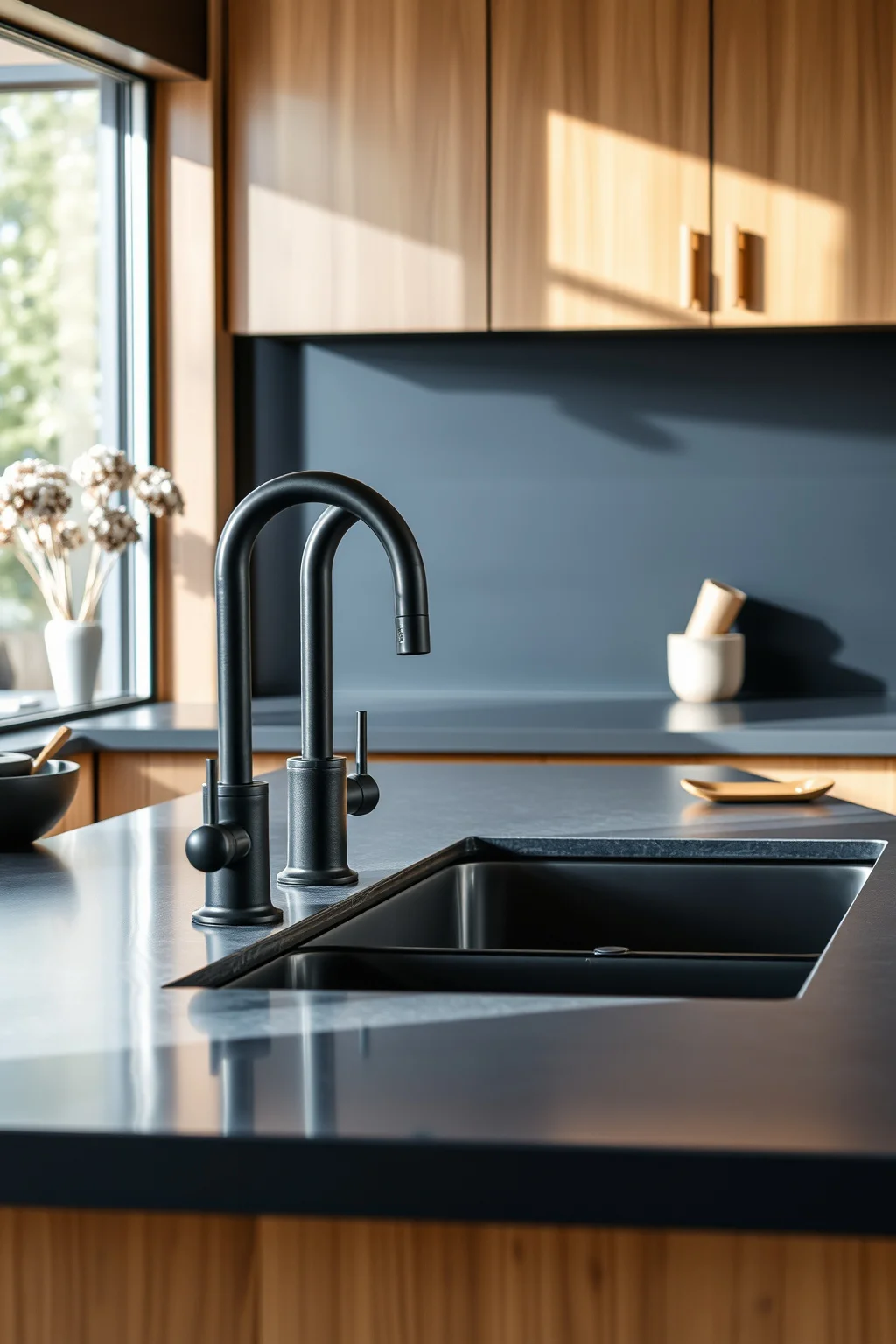 10. Black Fixtures with Wood Finishes