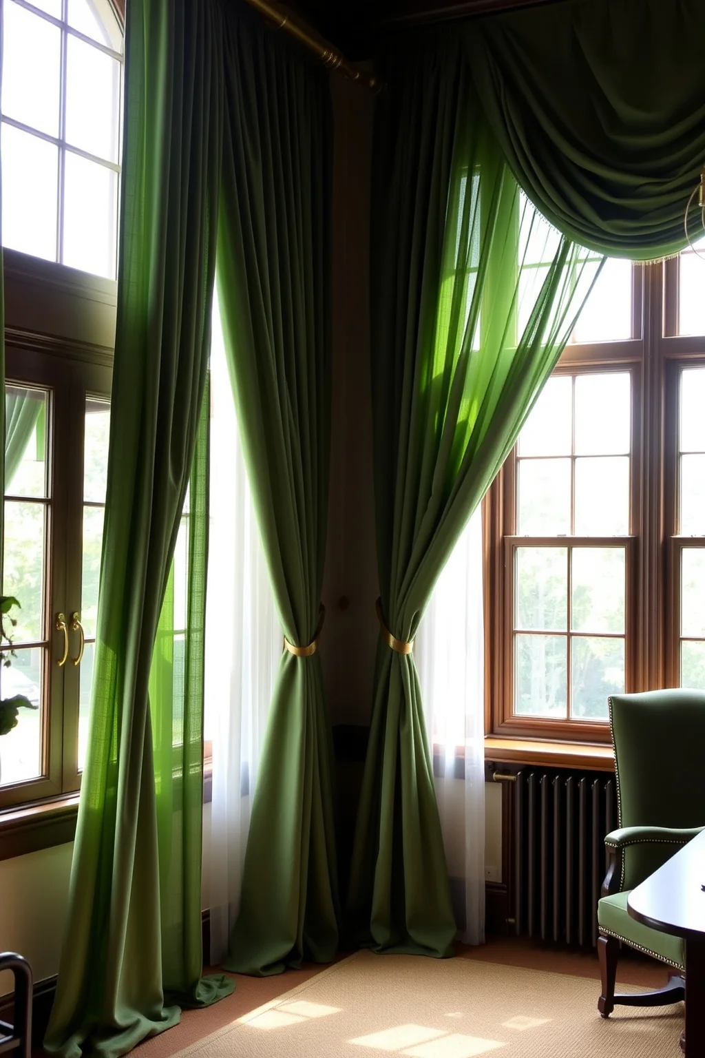 10. Green Curtains with Gold Hardware