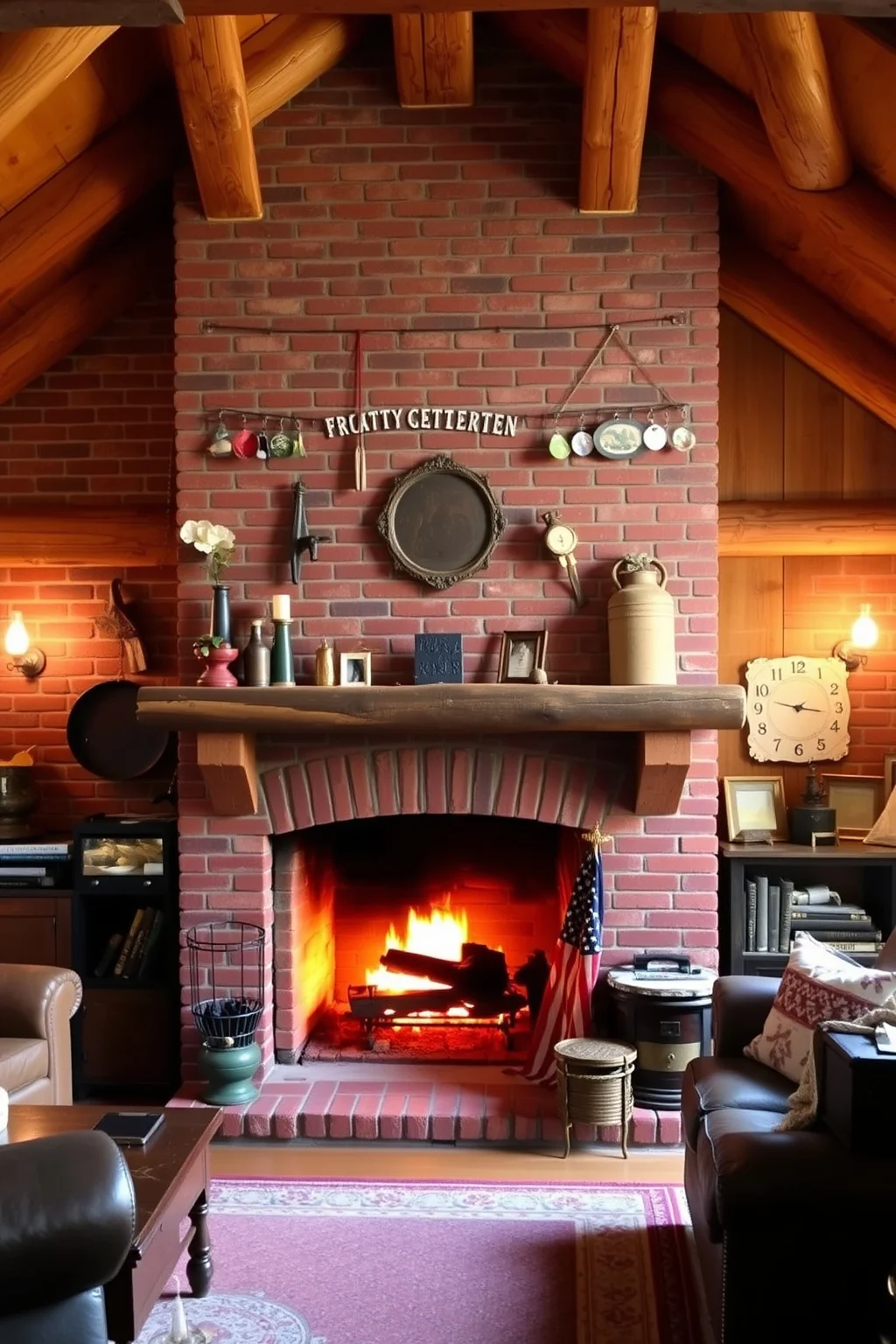 10. Rustic Brick Fireplace with Wood Beams