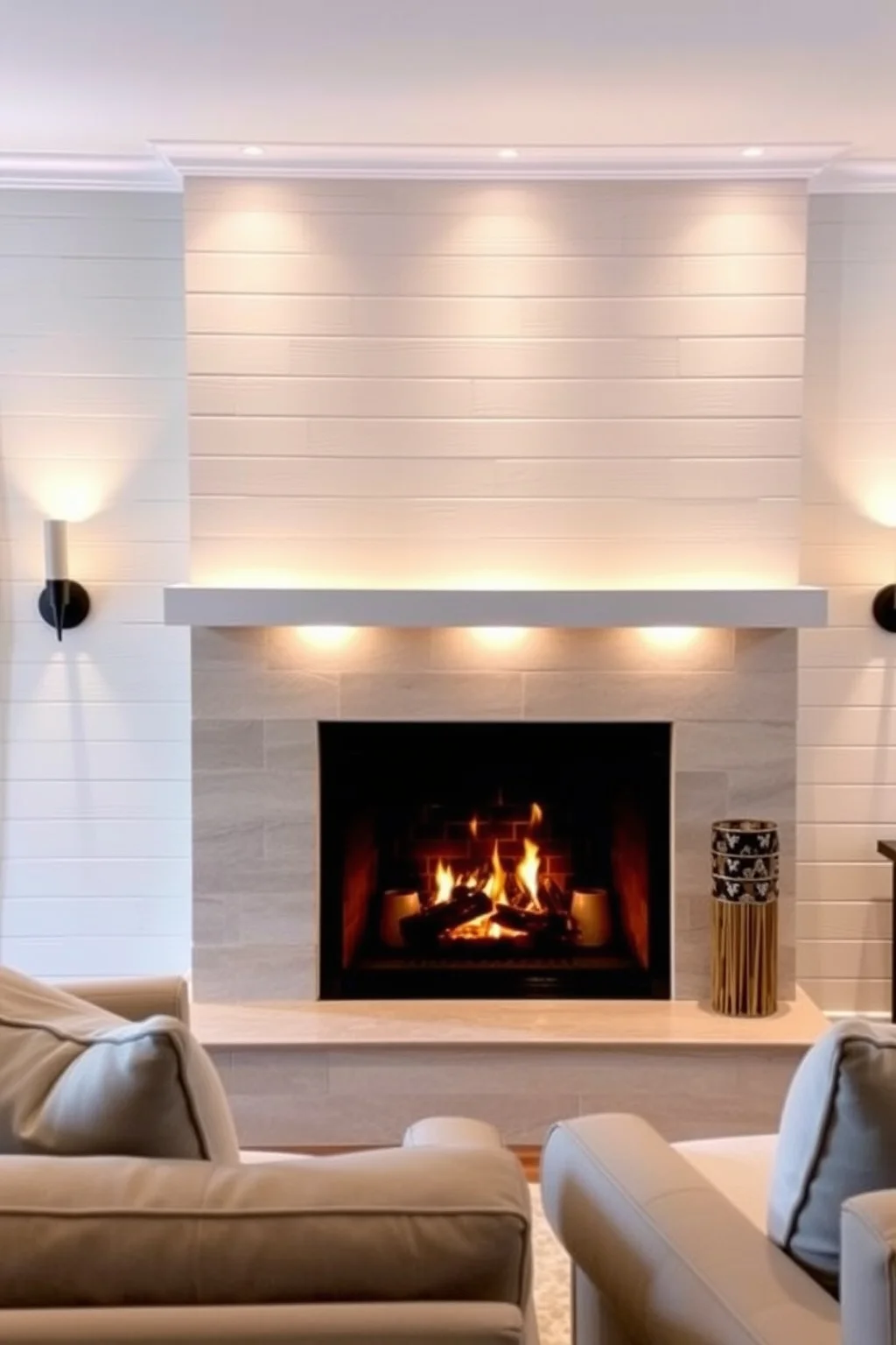 10. Shiplap Fireplace with Accent Lighting
