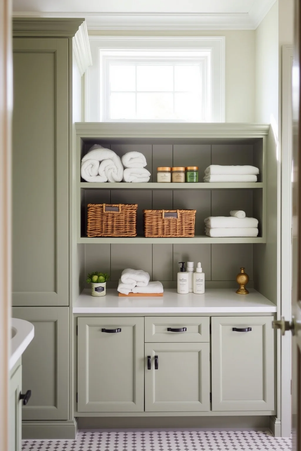 12. Sage Green Bathroom Storage