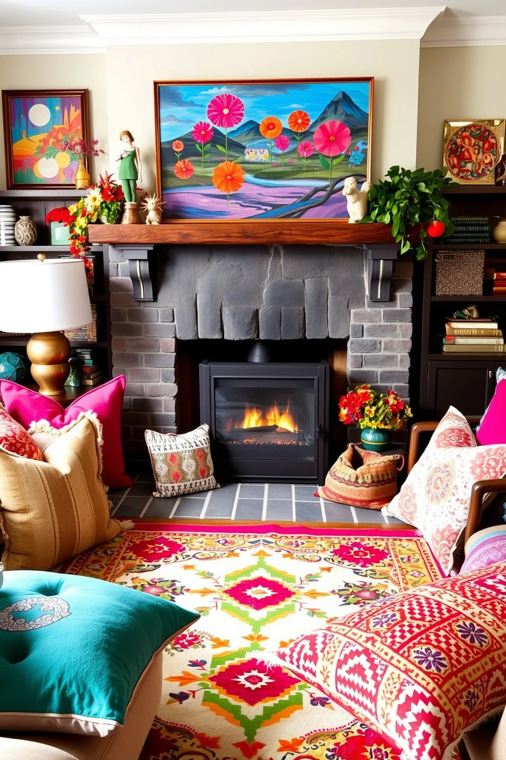 14. Colorful Accents Around the Fireplace