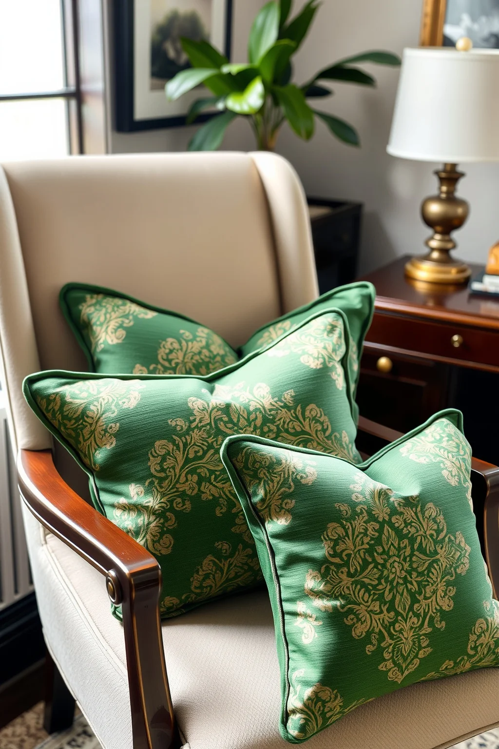 15. Gold and Green Throw Pillows