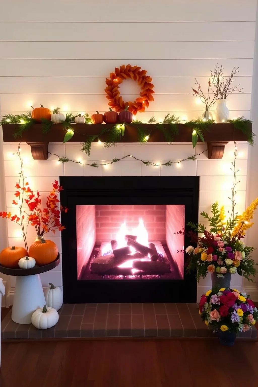 15. Shiplap Fireplace with Seasonal Decor