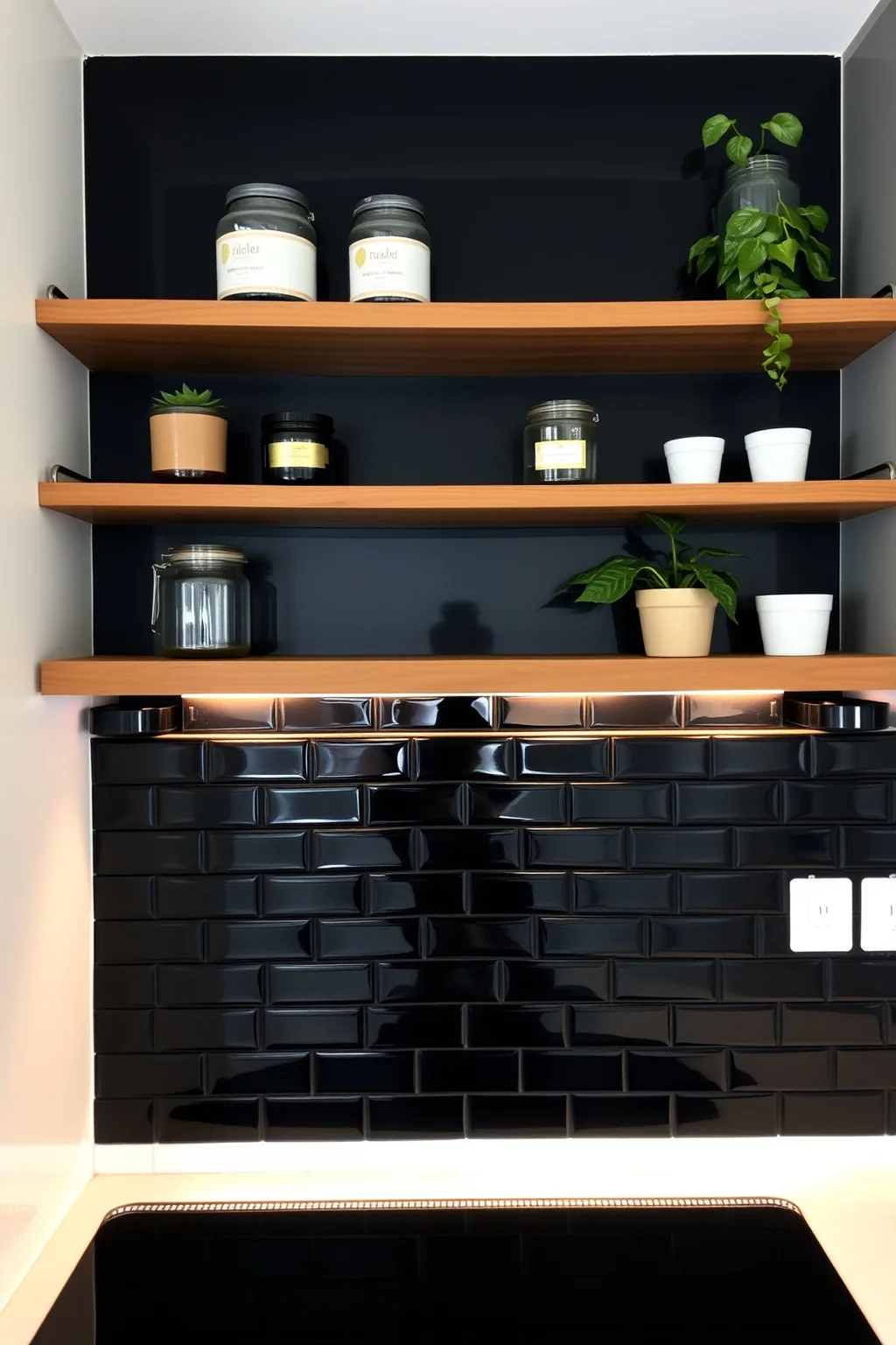 3. Black Backsplash with Wooden Shelving