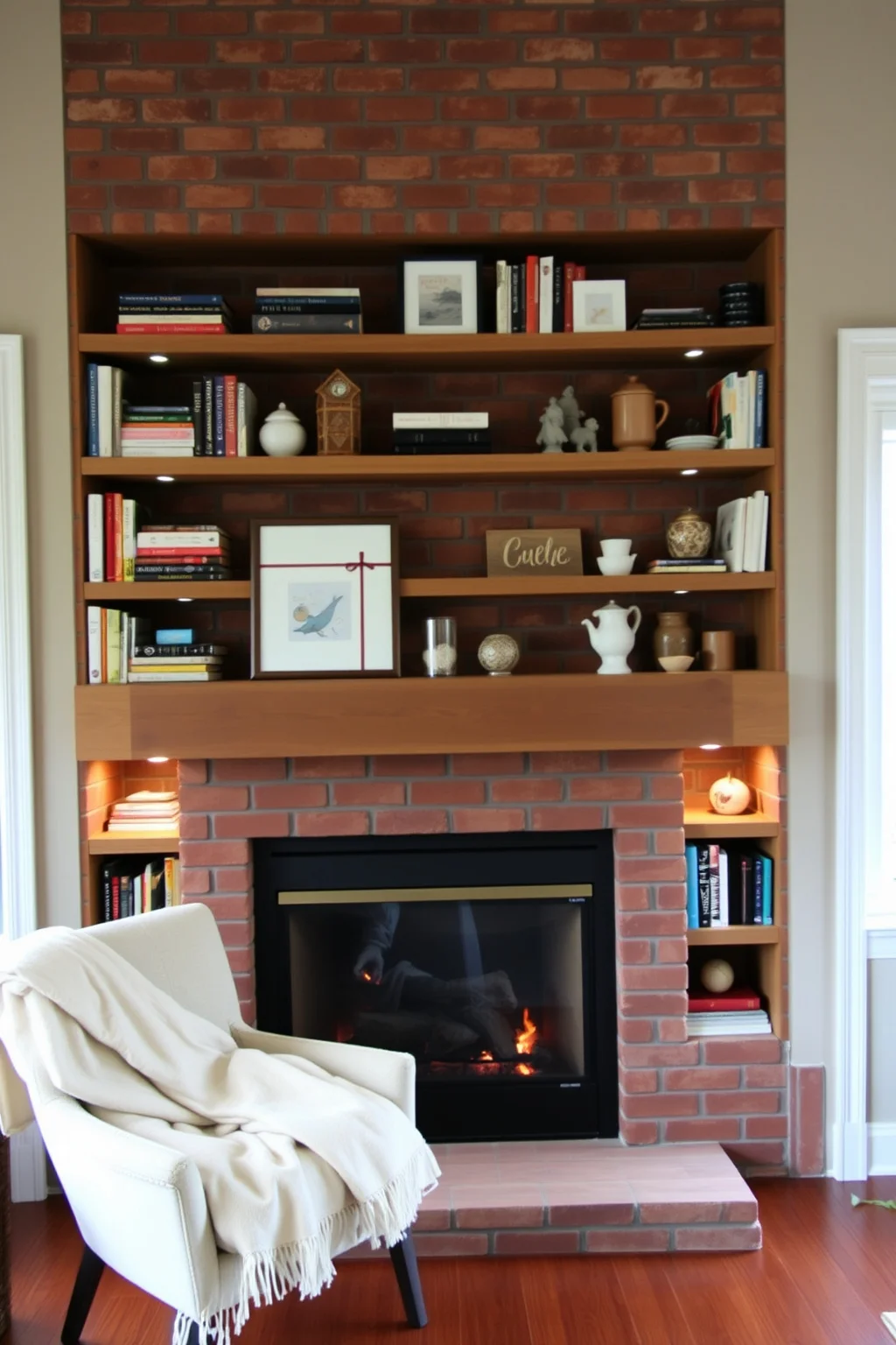 3. Brick Fireplace with Built-In Shelving