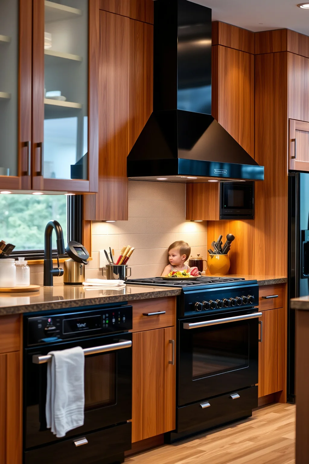 4. Black Appliances with Wooden Cabinets