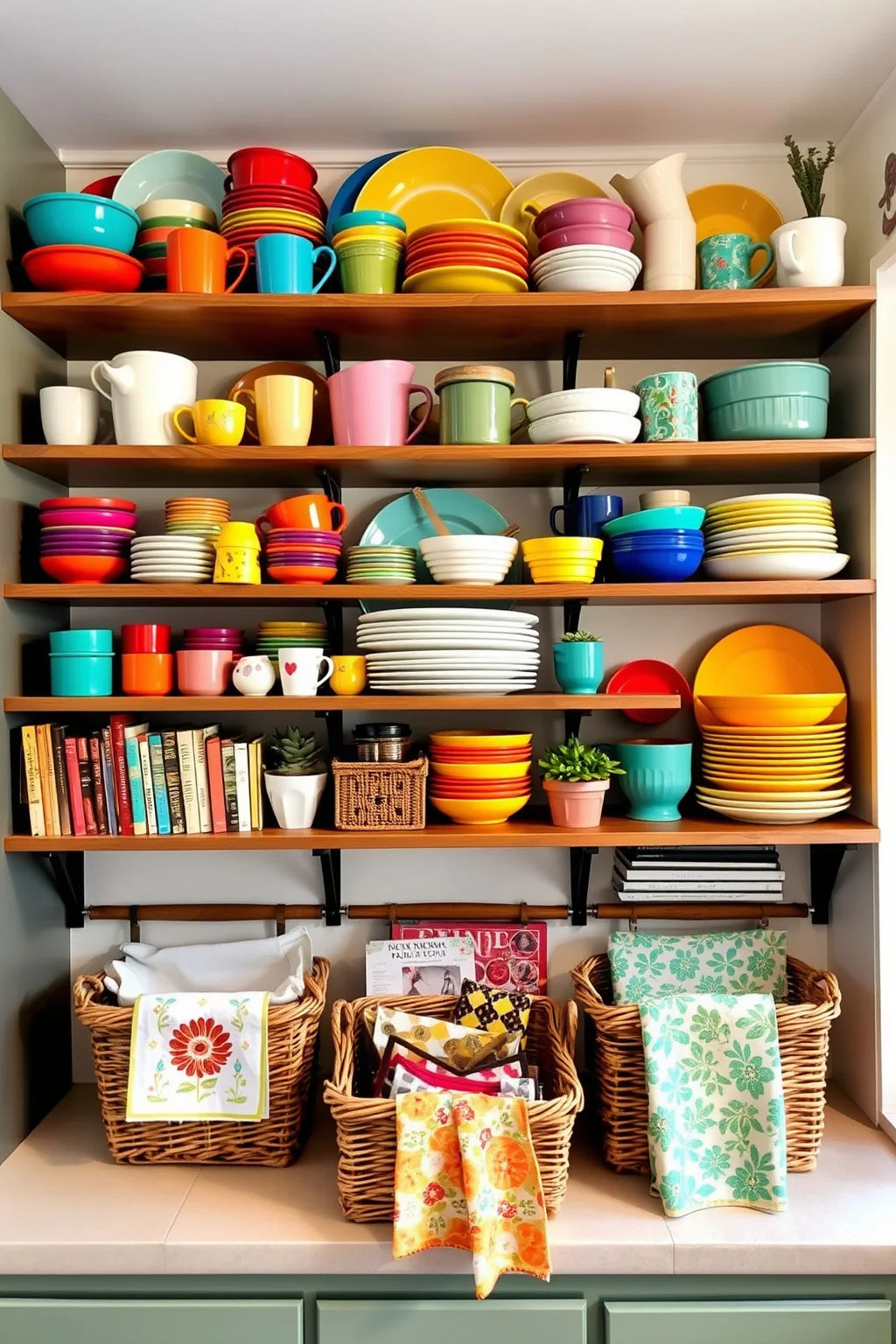 4. Open Shelving with Colorful Dishware