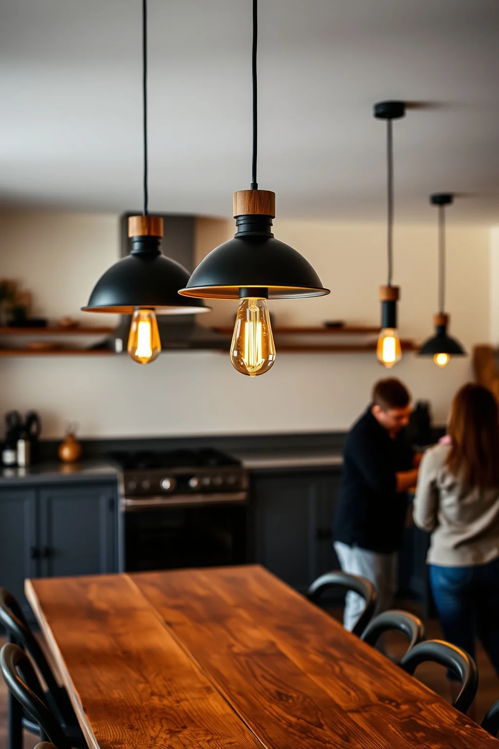 6. Black Lighting Fixtures with Wood Details