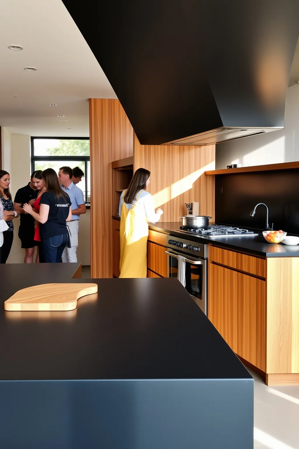 8. Black Countertops with Wooden Cabinets