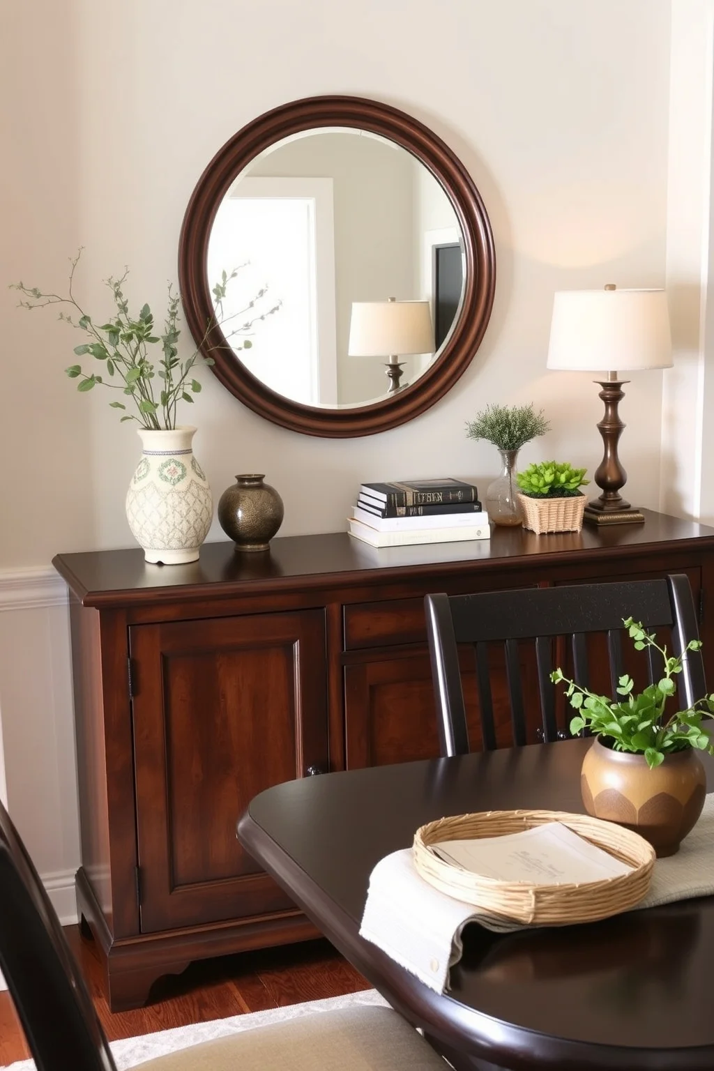 1. Classic Wood Sideboard with Round Mirror