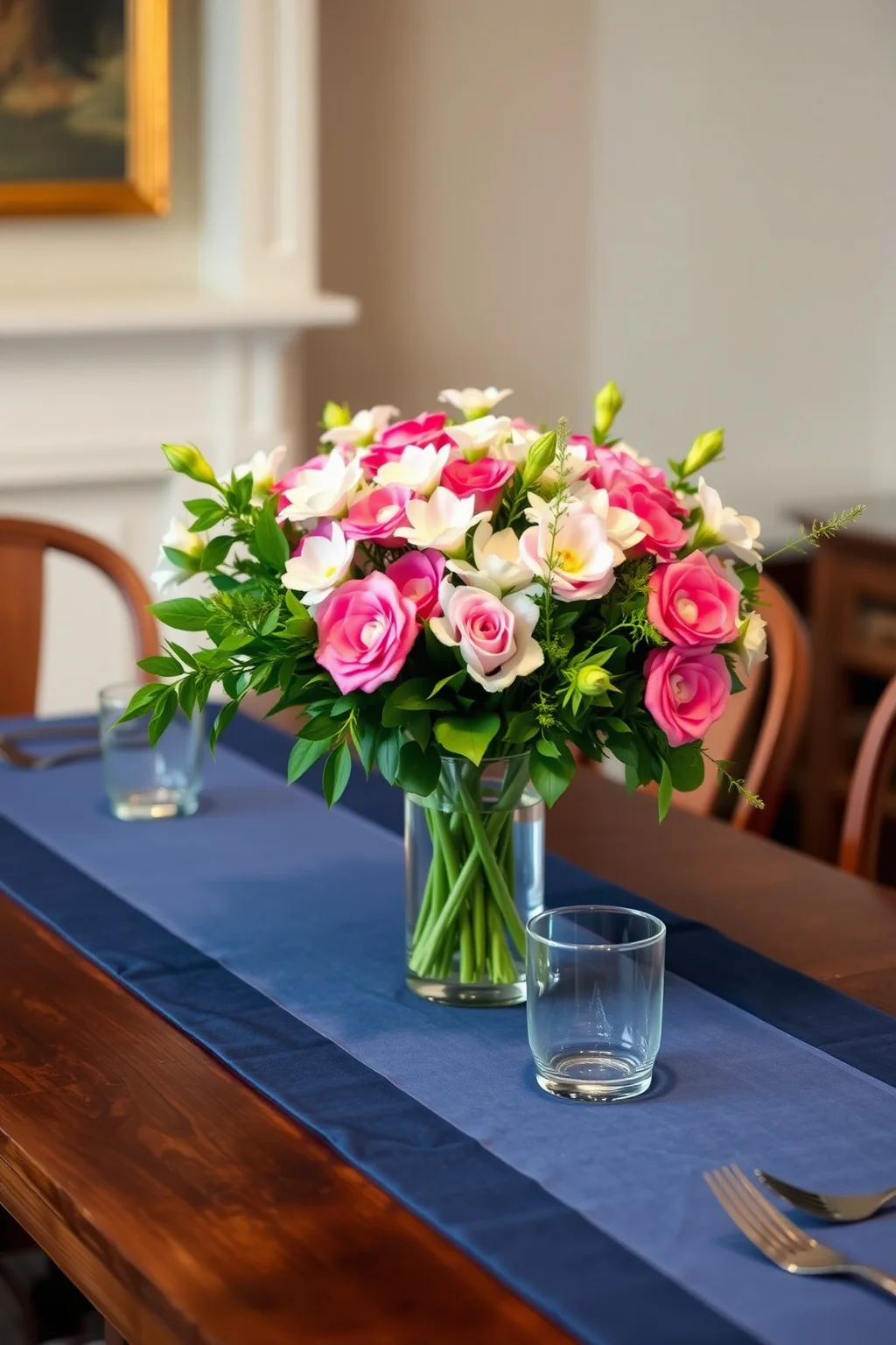 10. Navy Table Runner with Fresh Flowers