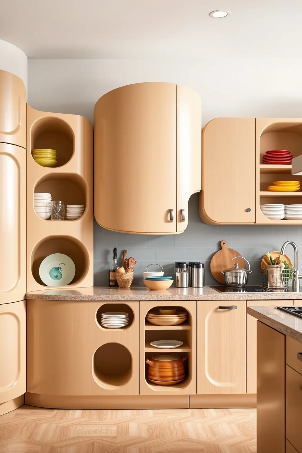 11. Beige Cabinets with Unique Shapes