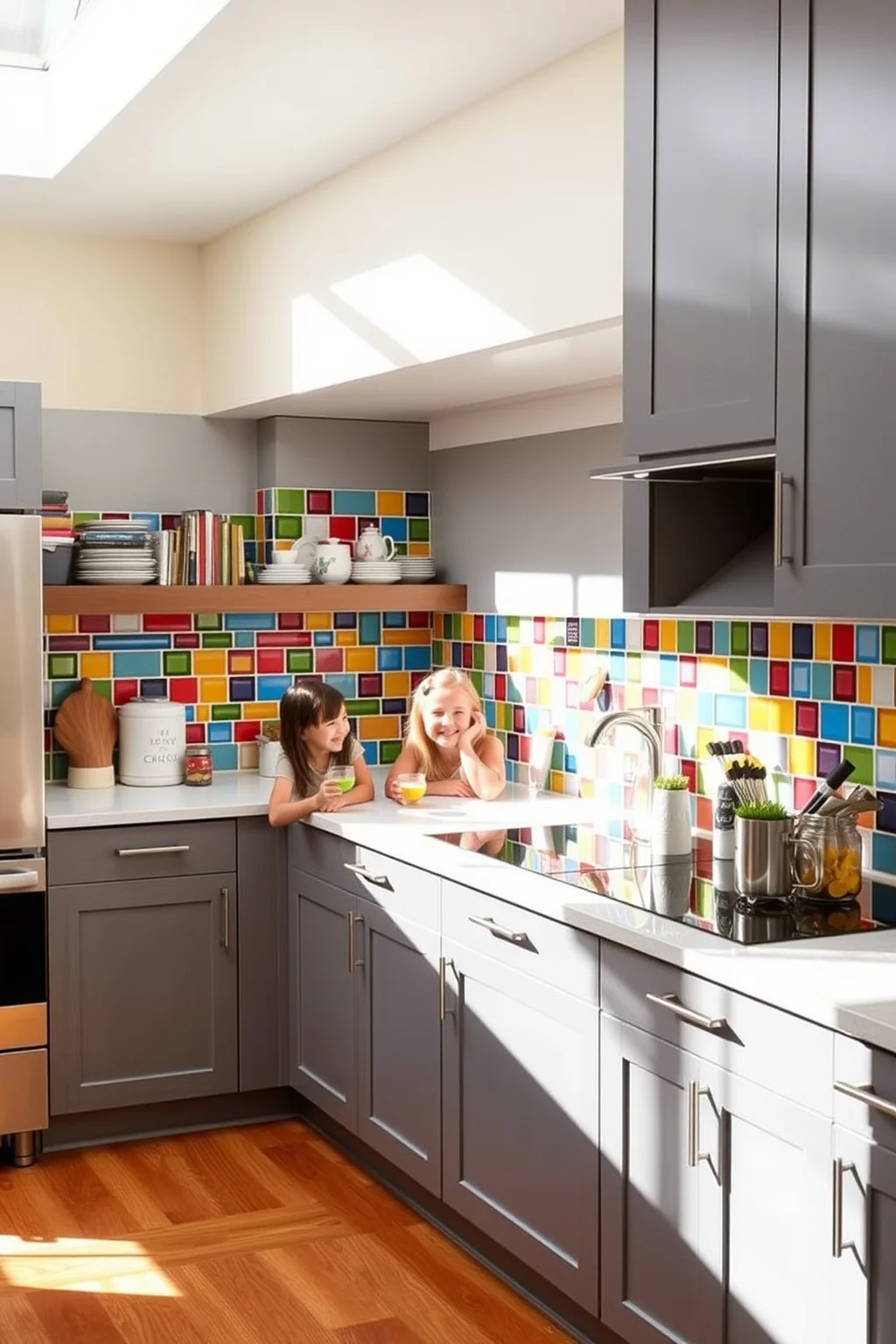 11. Grey Cabinets with Colorful Backsplash