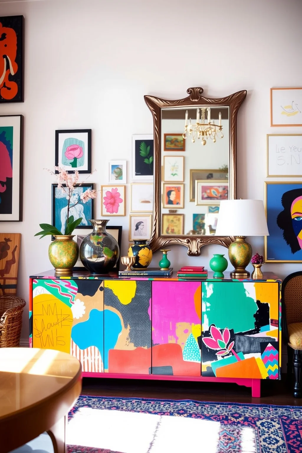 12. Artistic Sideboard with Abstract Mirror