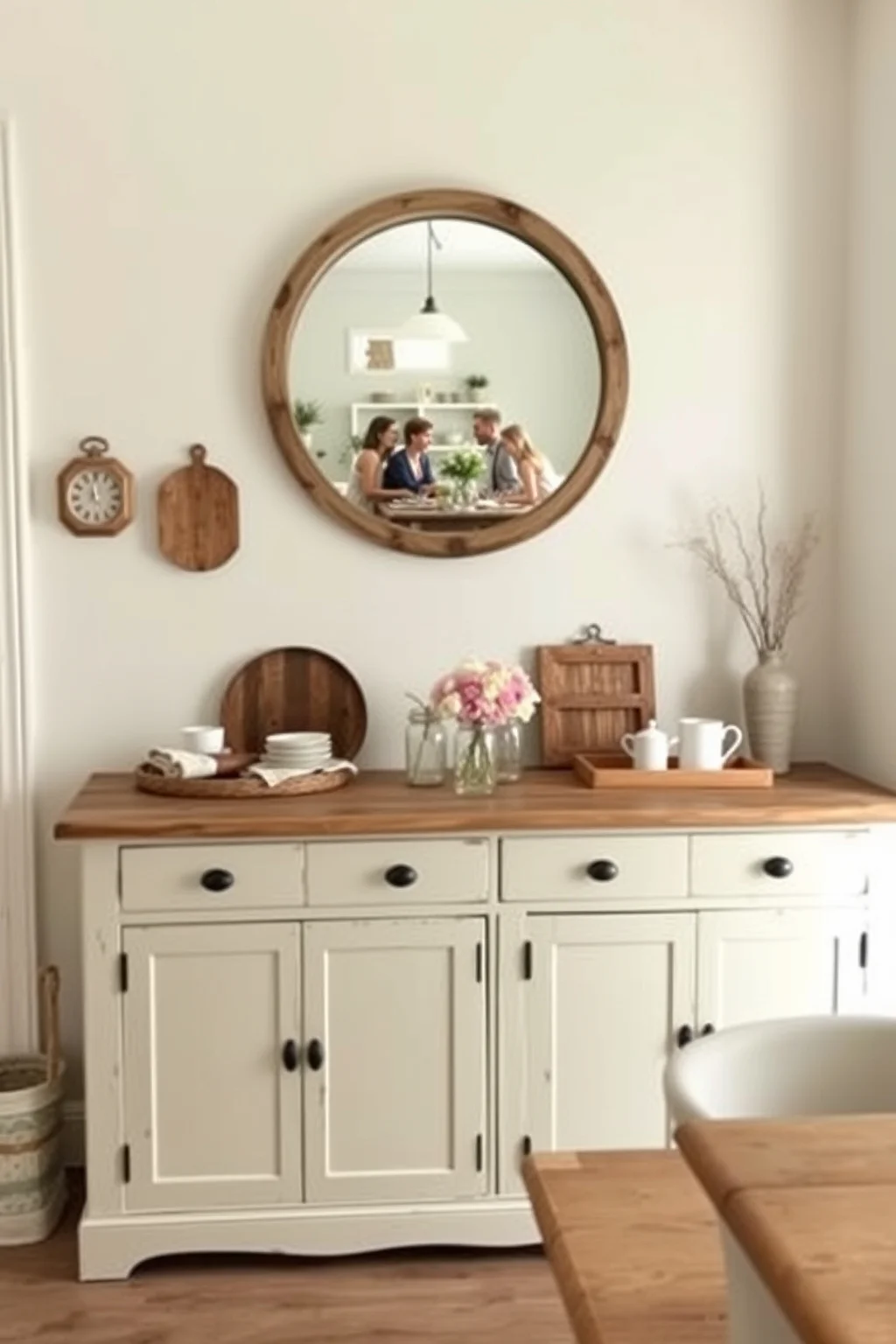13. Farmhouse Sideboard with Simple Round Mirror