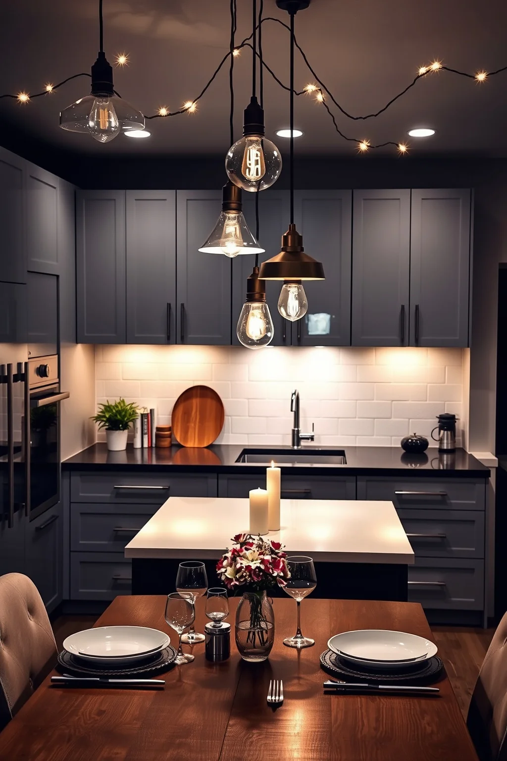 13. Grey Cabinets with Modern Lighting