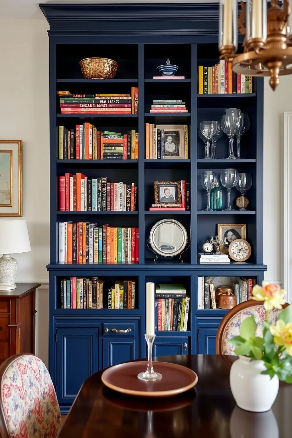13. Navy Bookshelves with Dining Essentials