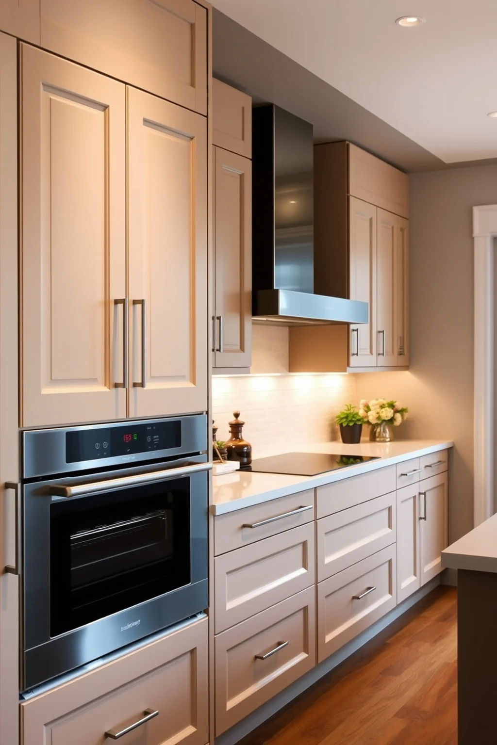 14. Beige Cabinets with Built-In Appliances