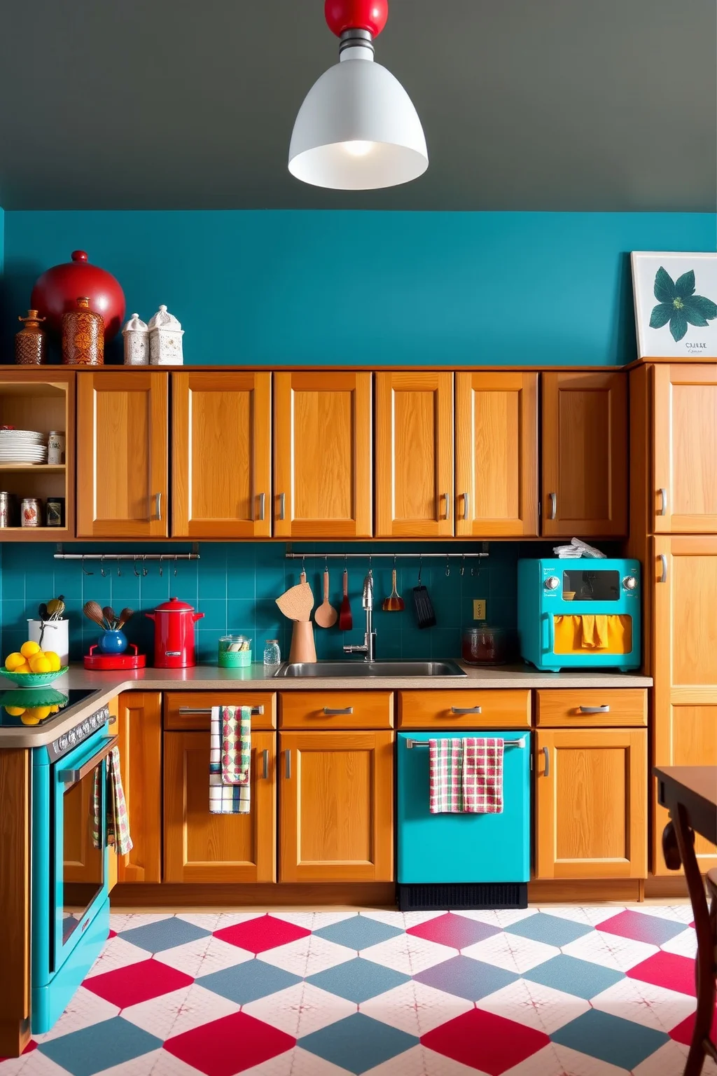 14. Oak Cabinets with Bold Accents