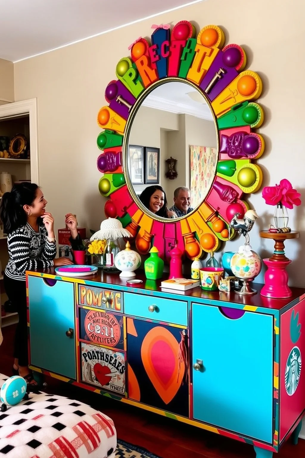 15. Eclectic Sideboard with Colorful Mirror
