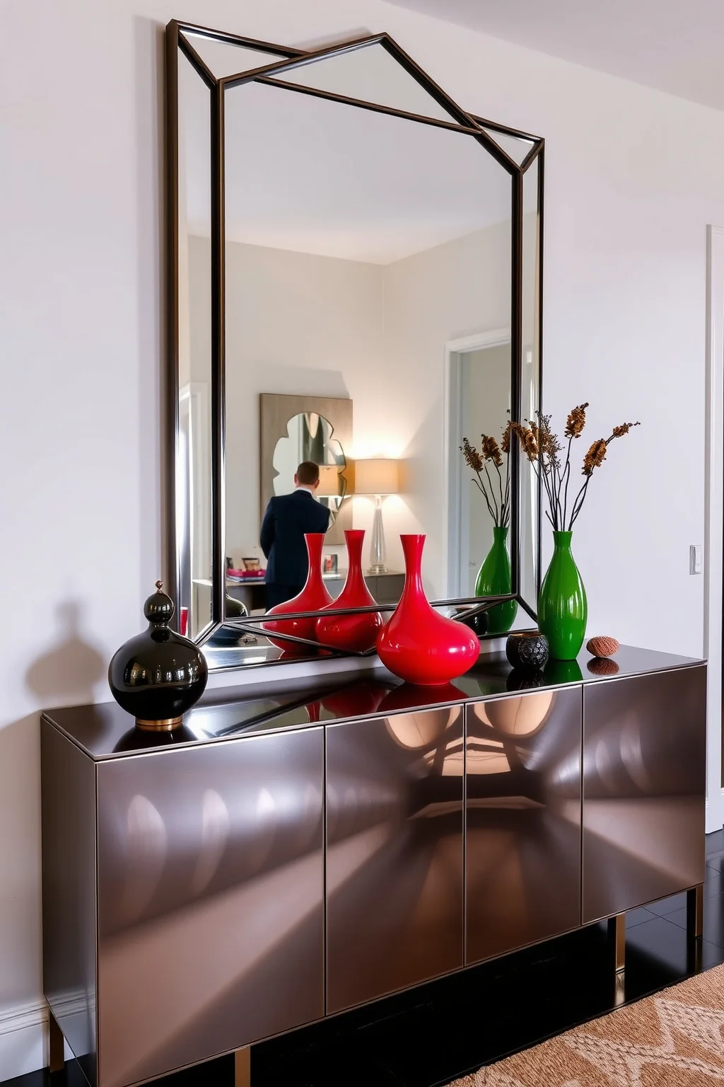 2. Modern Metallic Sideboard with Geometric Mirror