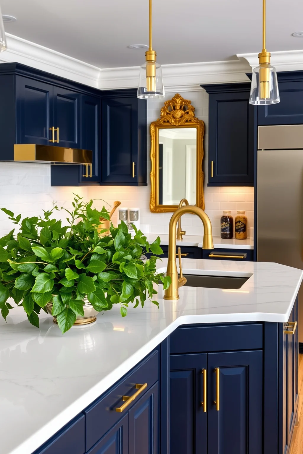2. Navy Cabinets with Gold Accents