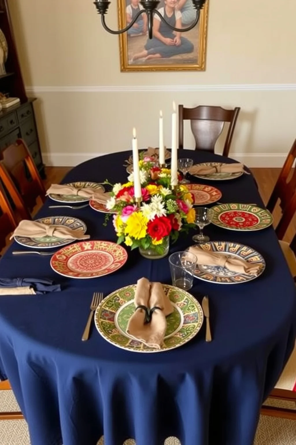 2. Navy Tablecloths with Patterned Plates