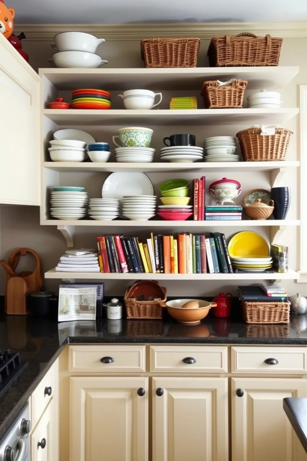 2. Open Shelving with Beige Cabinets