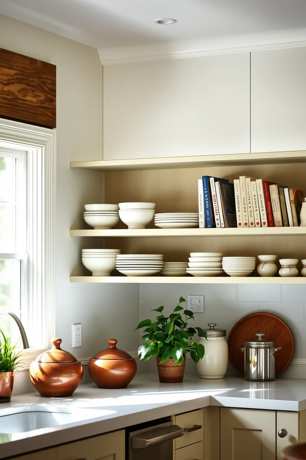 3. Open Shelving with Walnut Accents