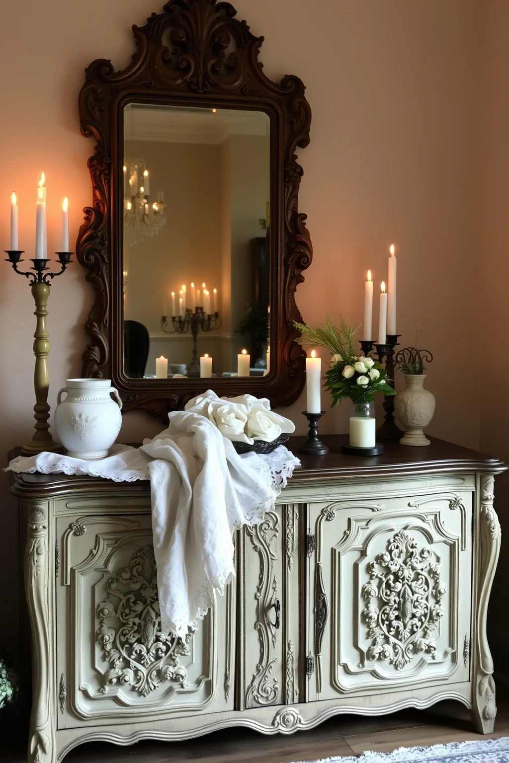 3. Vintage Sideboard with Ornate Mirror