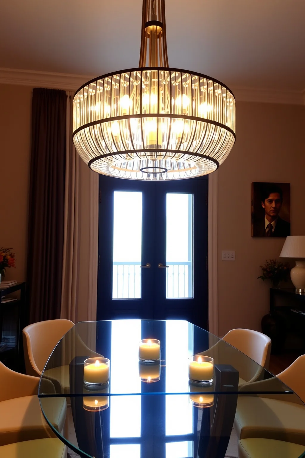 5. Glass Table with a Statement Chandelier