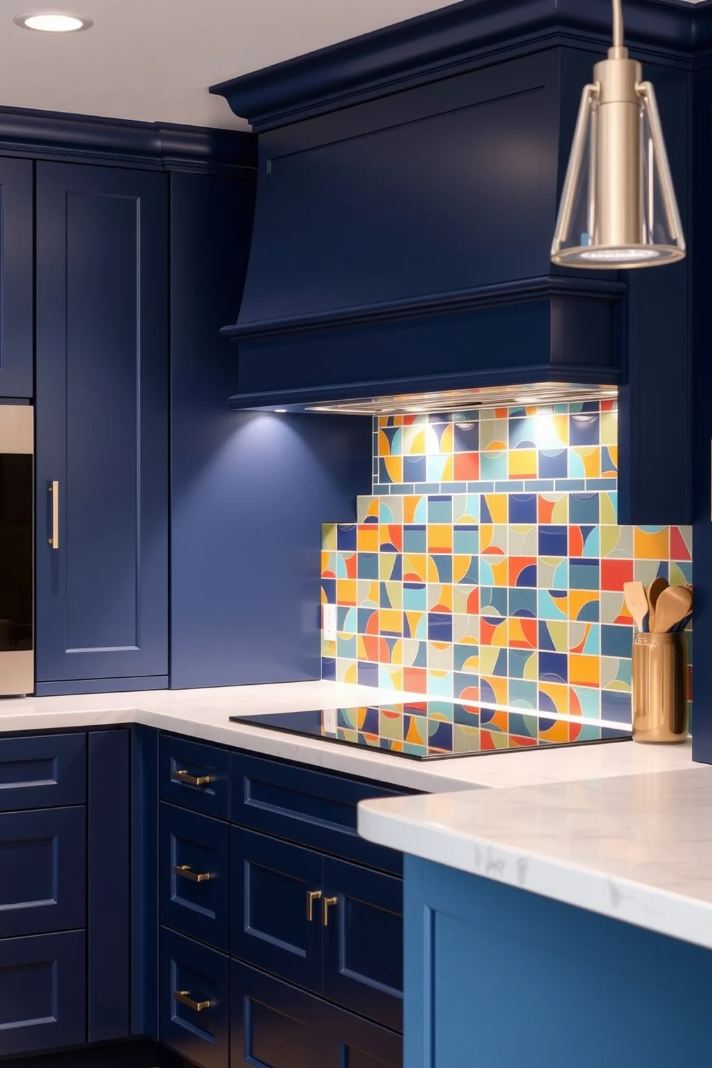 5. Navy Blue with Bold Backsplash