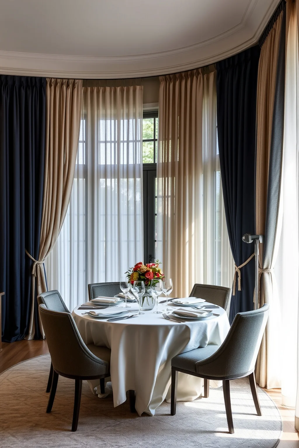5. Navy Drapes with Sheer Curtains
