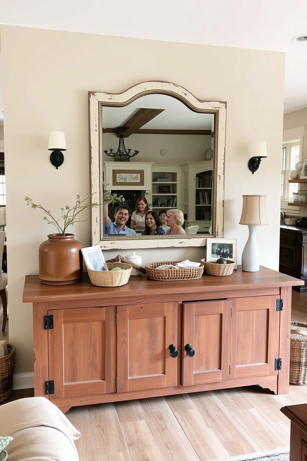 5. Rustic Sideboard with Vintage Mirror