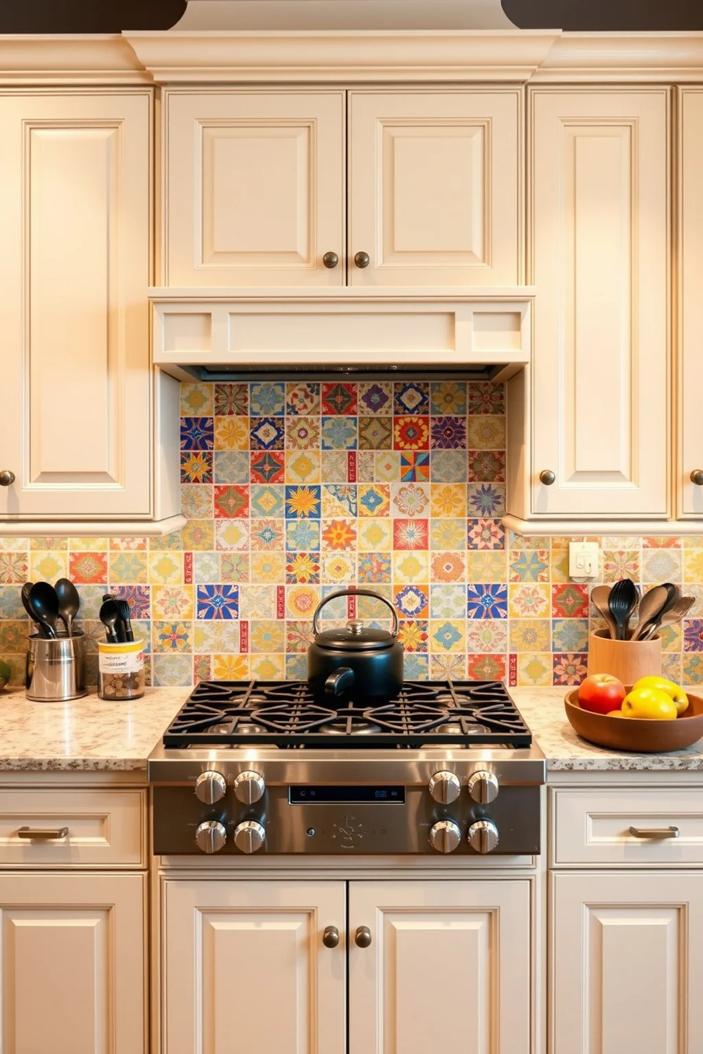 6. Beige Cabinets with Bold Backsplash