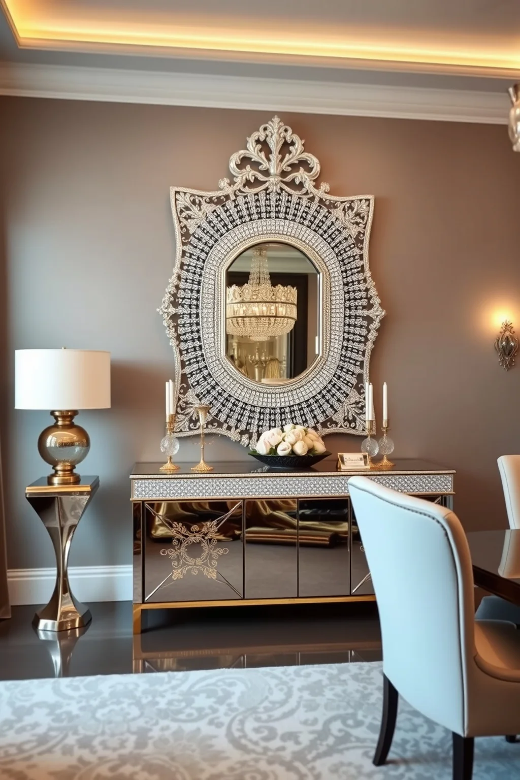 6. Glamorous Sideboard with Crystal Mirror