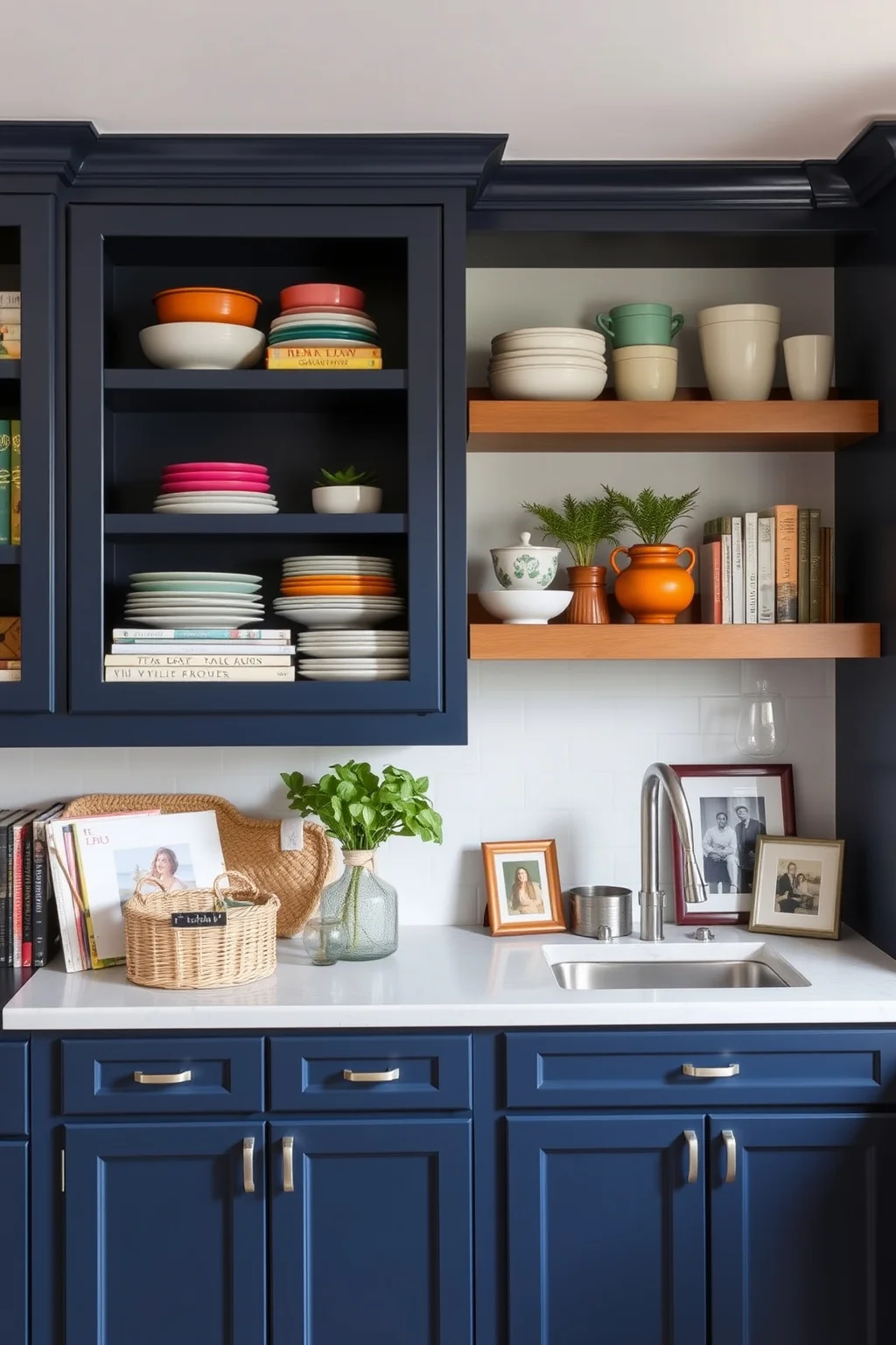 6. Navy Blue with Open Shelving