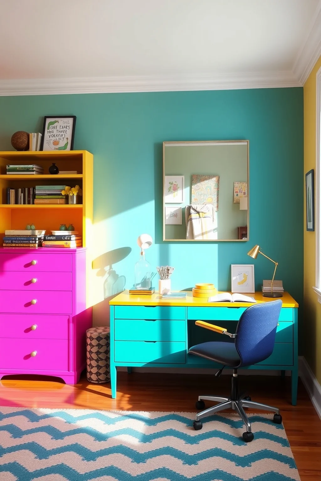 7. Bold Colored Sideboard with Mirrored Accent