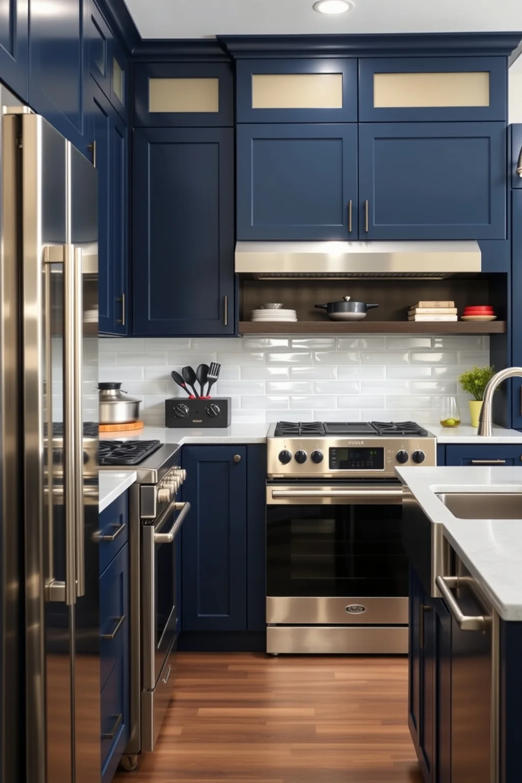 7. Navy Blue with Stainless Steel Appliances