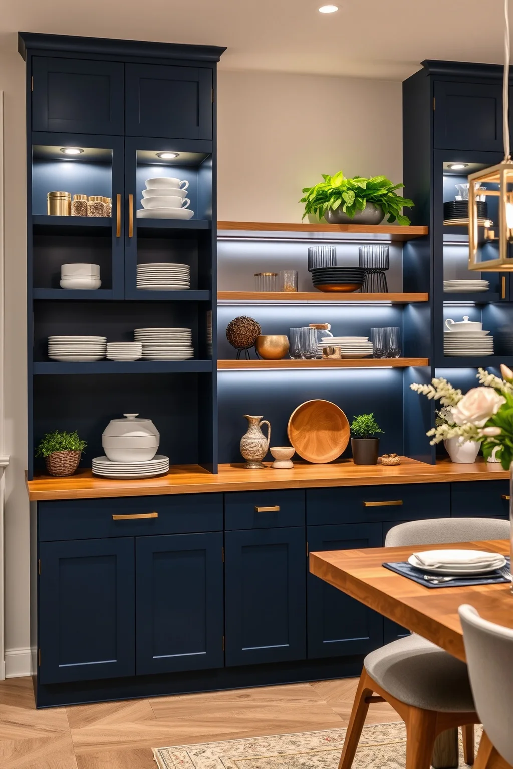 7. Navy Cabinets with Open Shelving