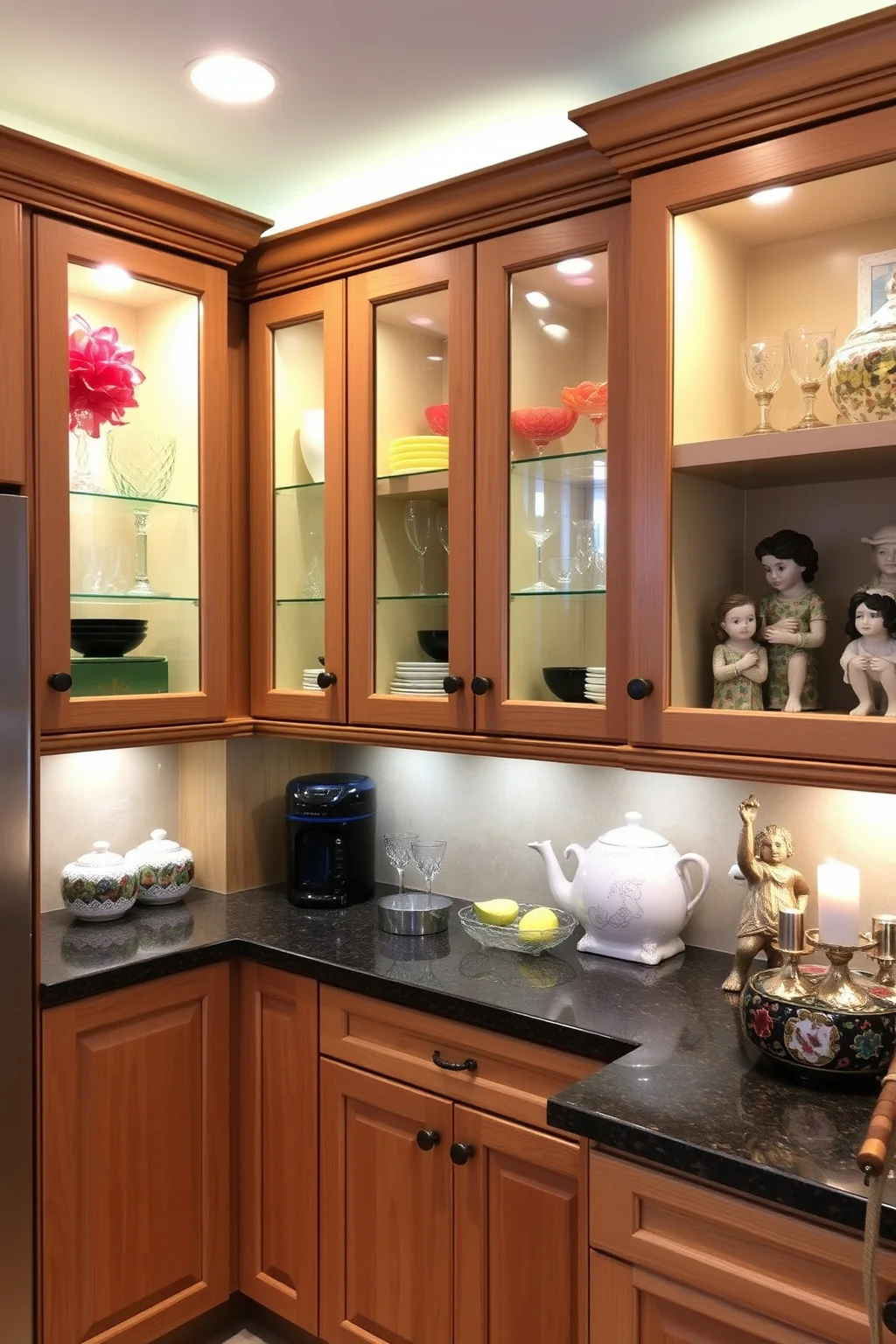 7. Oak Cabinets with Glass Inserts