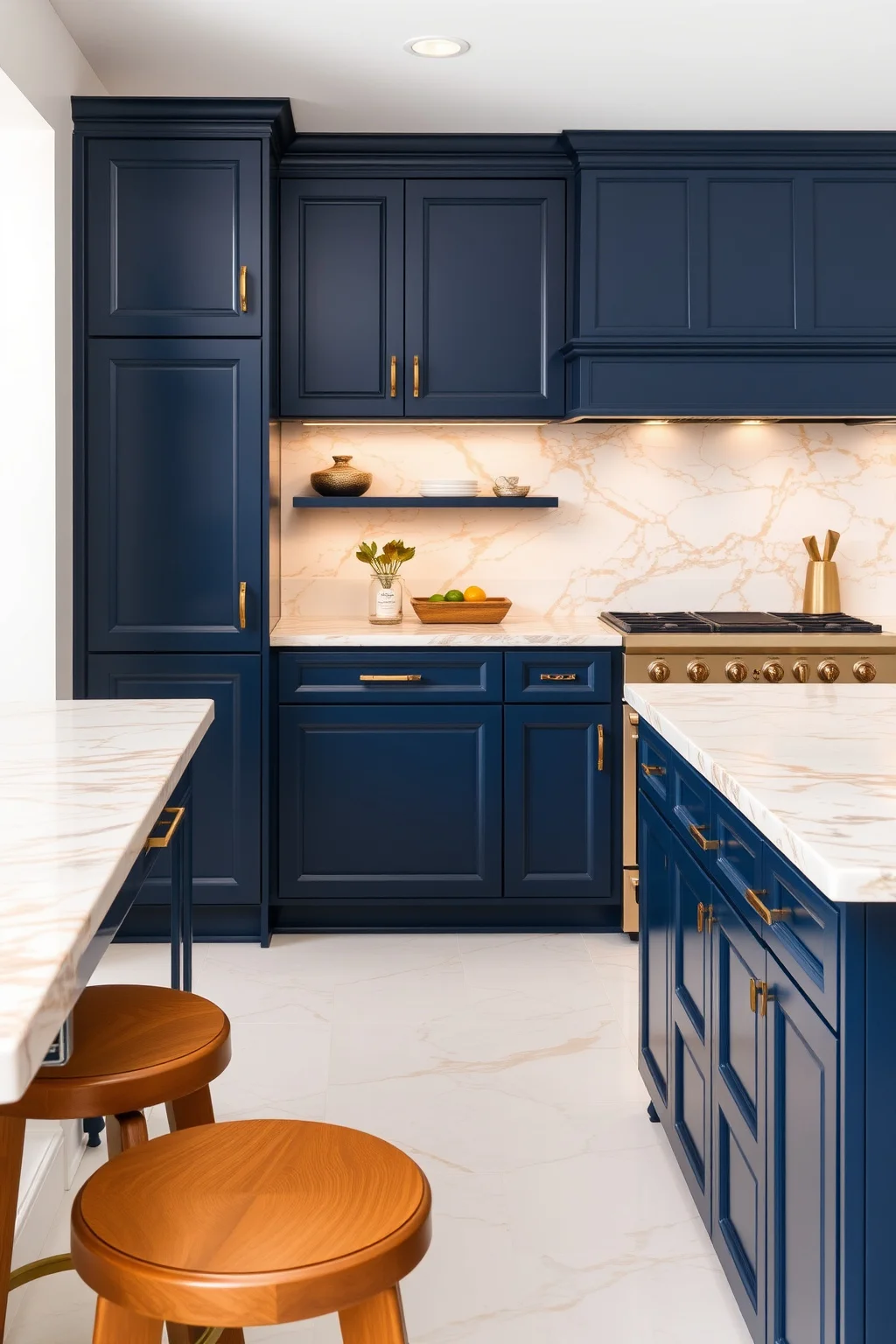 8. Navy Blue with Marble Countertops