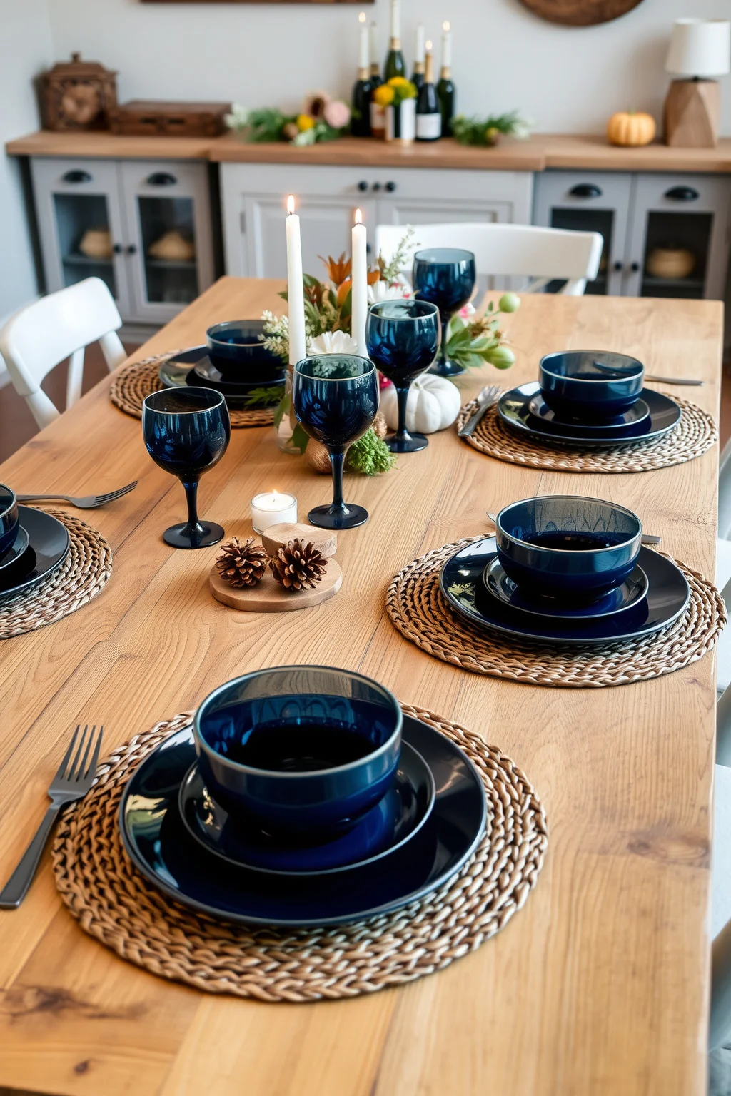 9. Navy and Wood Table Settings